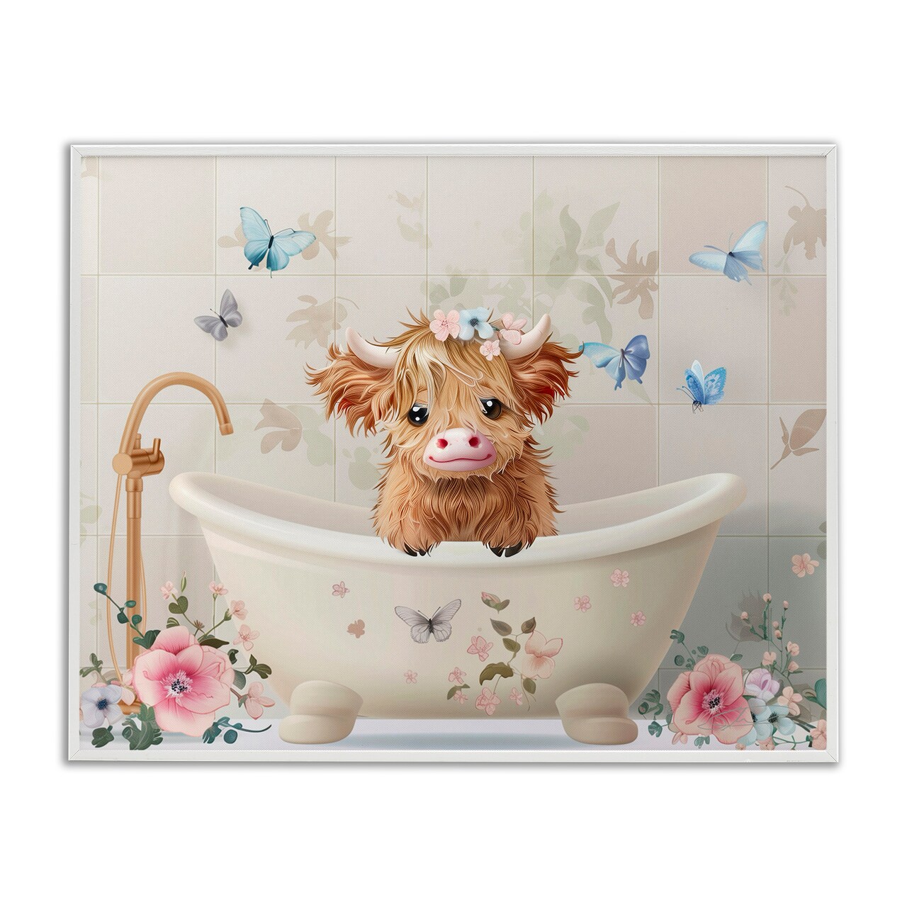 Stupell Industries Baby Cattle in Floral Tub Framed Giclee, design by Shawna Stewart